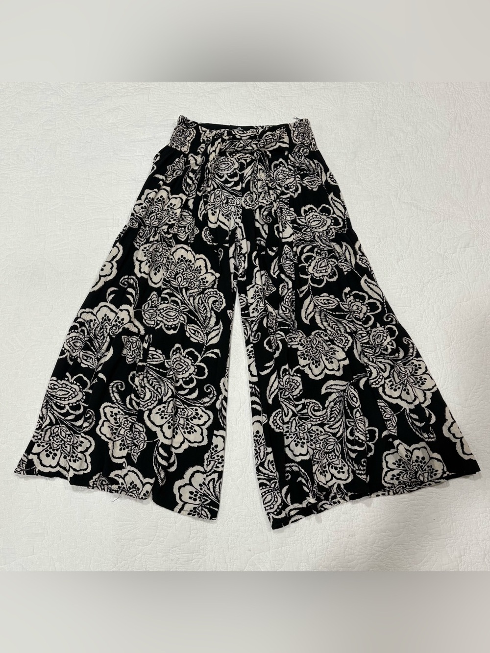 Angie Floral Wide Leg Palazzo Pants Boho Tie Size L Festival cottagecore hippie